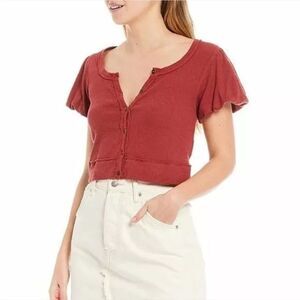 Free People Molly Button Front Cropped Puffed Sleeve Scoop Neck Tee Small